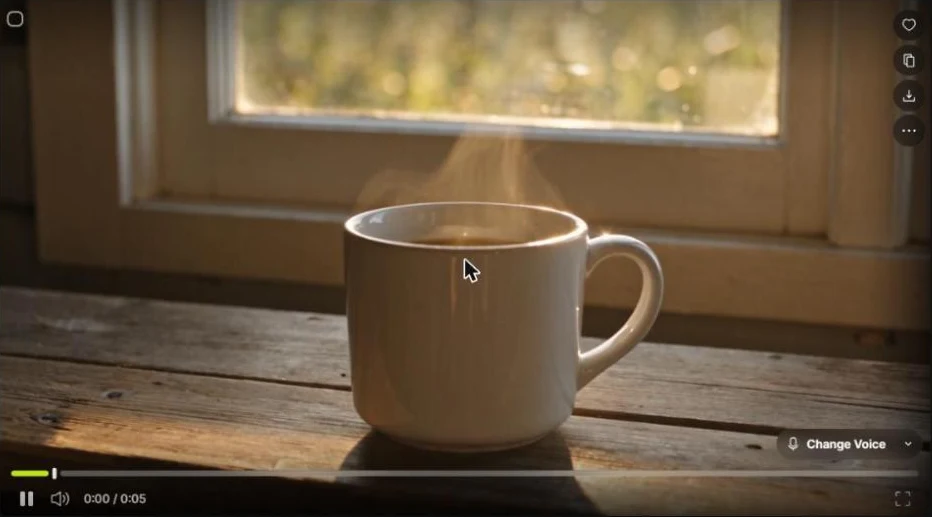 Image extraite d'un clip Seedance 2.5 généré sur Higgsfield montrant une tasse blanche avec de la vapeur devant une fenêtre