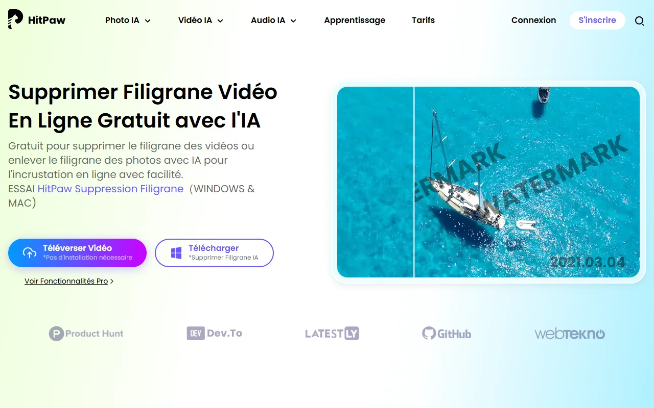 Tool online HitPaw to remove a free video watermark with AI, with an example before and after
