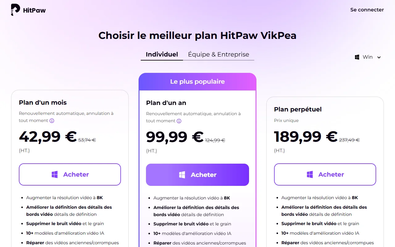 Page d'achat de HitPaw VikPea avec les plans d'un mois à 42,99 euros, d'un an à 99,99 euros et perpétuel à 189,99 euros