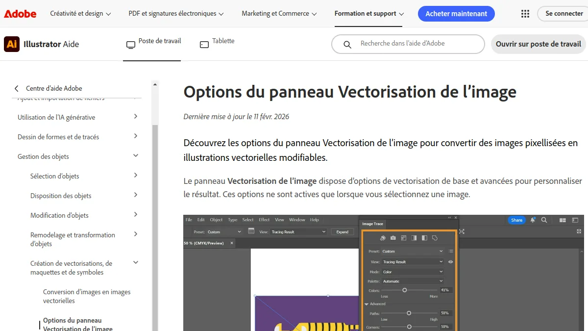 Aide officielle d'Adobe Illustrator sur la vectorisation de l'image