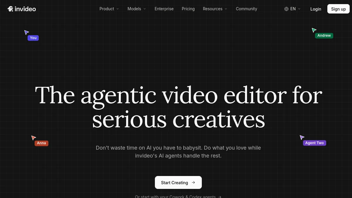 Page d'InVideo AI présentant son éditeur vidéo piloté par des agents IA