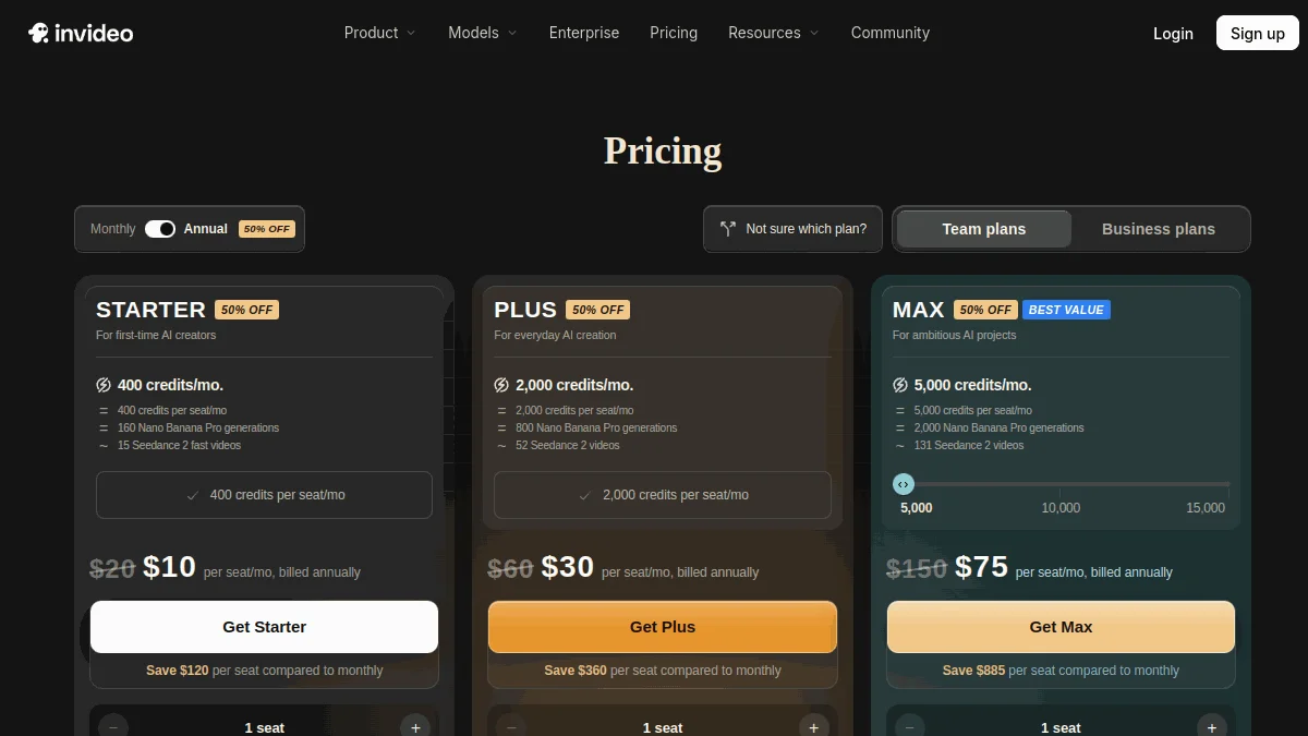 Page tariffs InVideo AI with Starter, Plus and Max plans and their credits