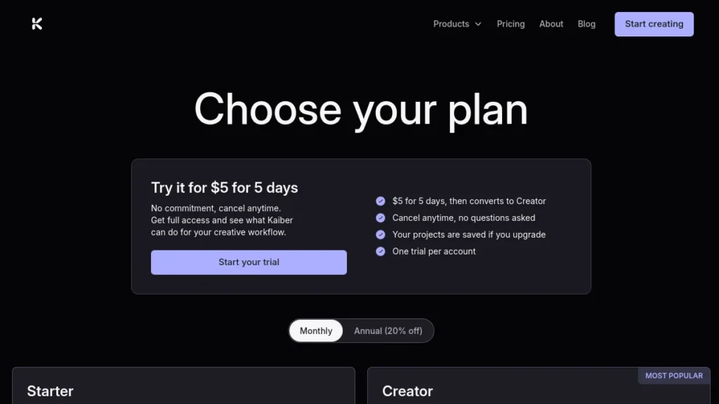 Kaiber AI tariff page
