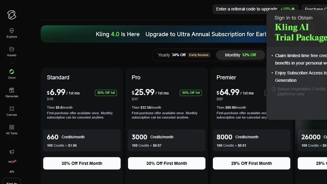 Kling AI subscription page with Standard, Pro and Premier plans