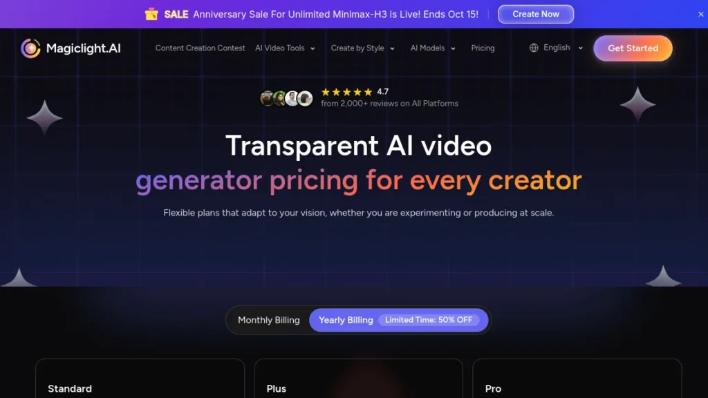 Page tarifs de MagicLight AI
