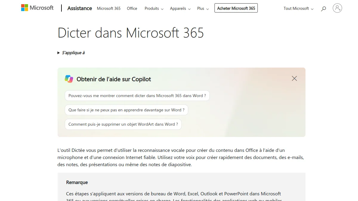 Microsoft Help page explaining the tool Dictated in Microsoft 365, including PowerPoint