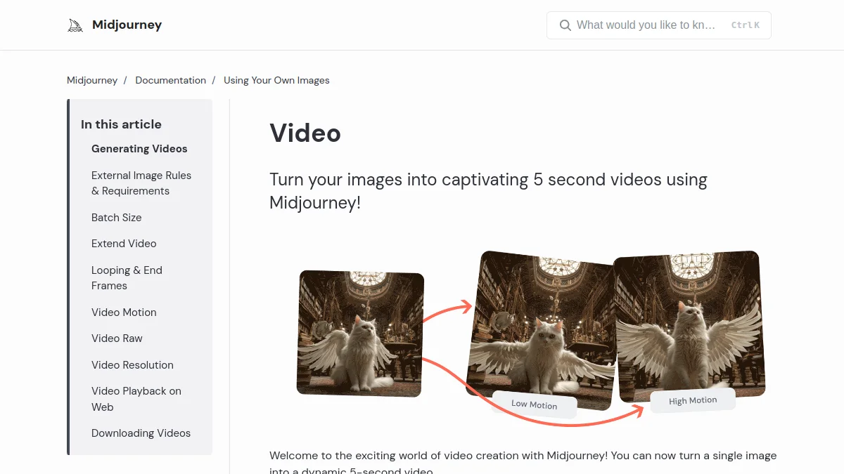 Documentation officielle de Midjourney sur l'animation d'images