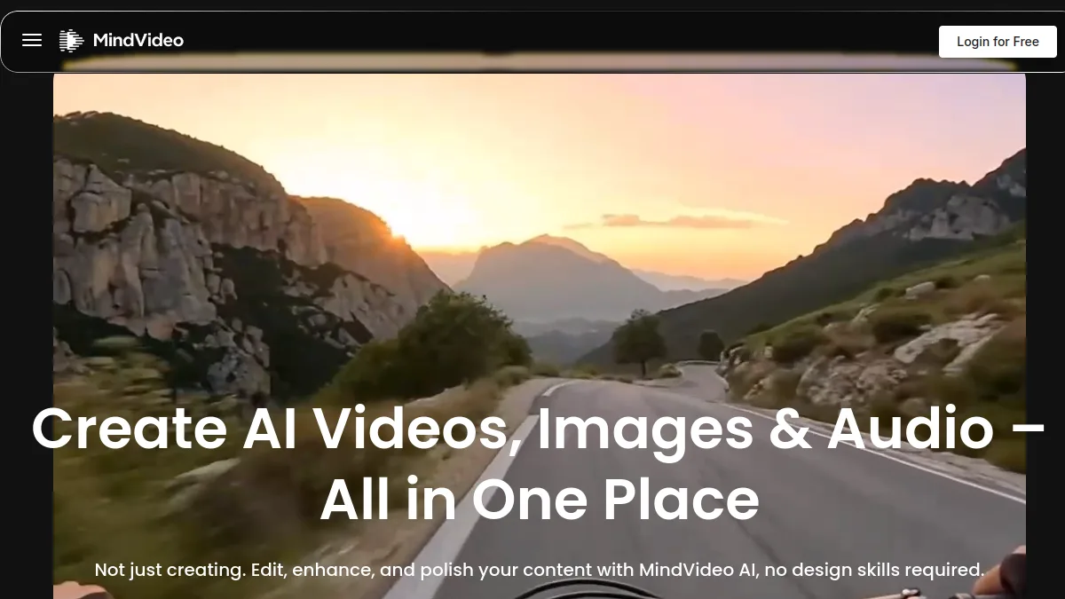 Page d'accueil de MindVideo AI pour créer des vidéos, images et audios par IA