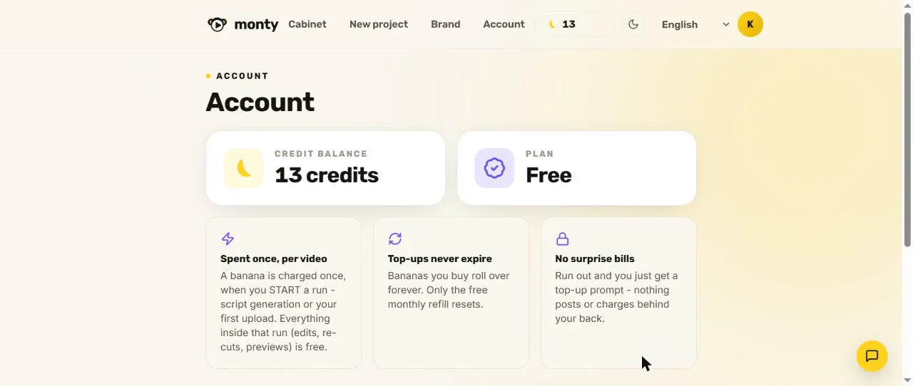 Page Account de Monty : solde de 13 crédits sur la formule Free, avec la règle d un crédit par vidéo