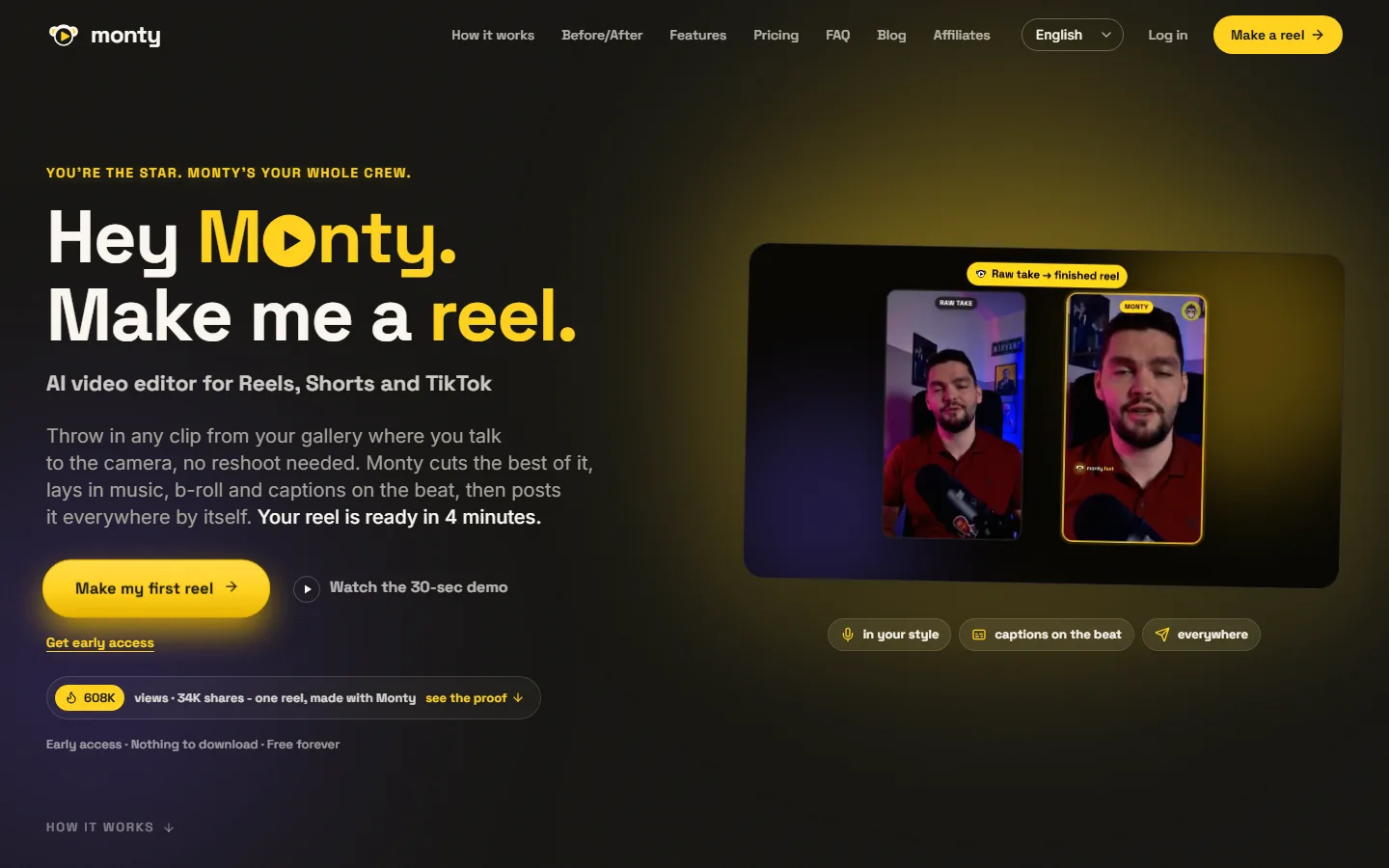 Page d'accueil de Monty : Hey Monty, make me a reel, éditeur vidéo IA pour Reels, Shorts et TikTok