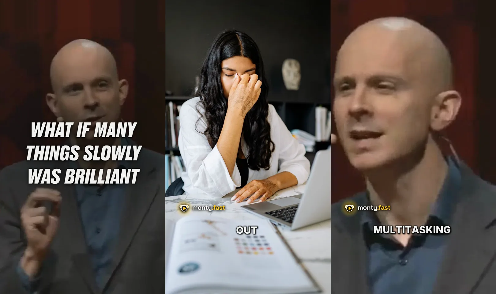 Trois images du rendu anglais de Monty : accroche sur l orateur recadré en vertical, plan de stock sous-titré, gros plan flou de l orateur