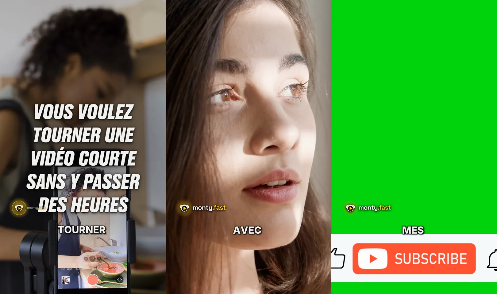 Trois images du rendu français de Monty : accroche et sous-titres, extrait d image de stock, puis fond vert non détouré avec une animation Subscribe