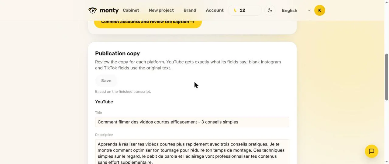 Texte de publication généré par Monty en français : titre YouTube, description, tags et légende Instagram
