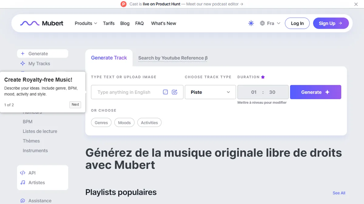 Page Mubert Render pour générer une musique libre de droits