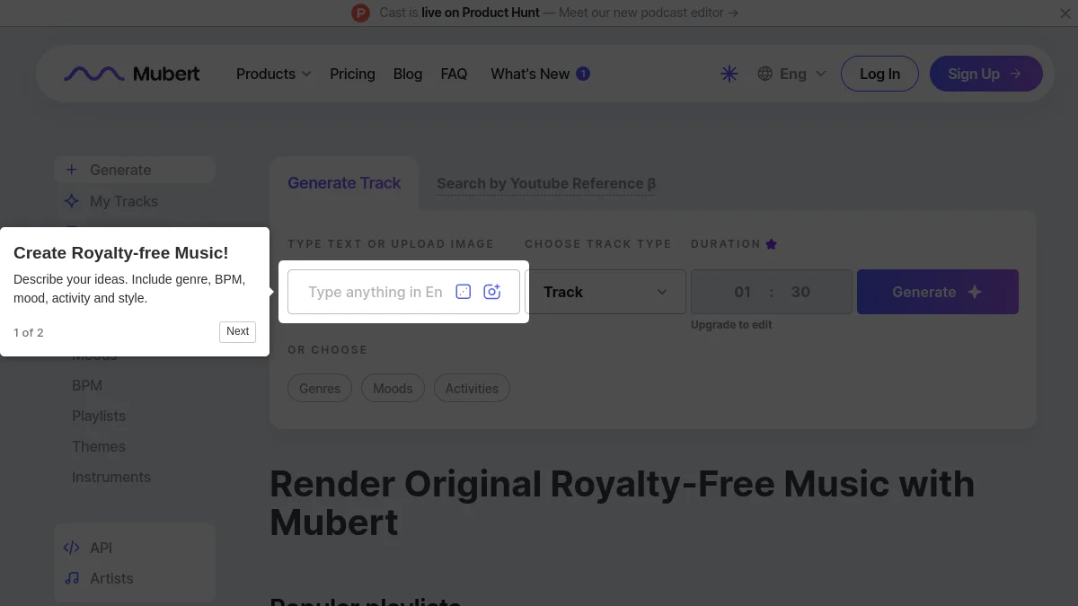 Interface de génération de Mubert Render avec le champ de prompt, le type de piste et la durée verrouillée en gratuit