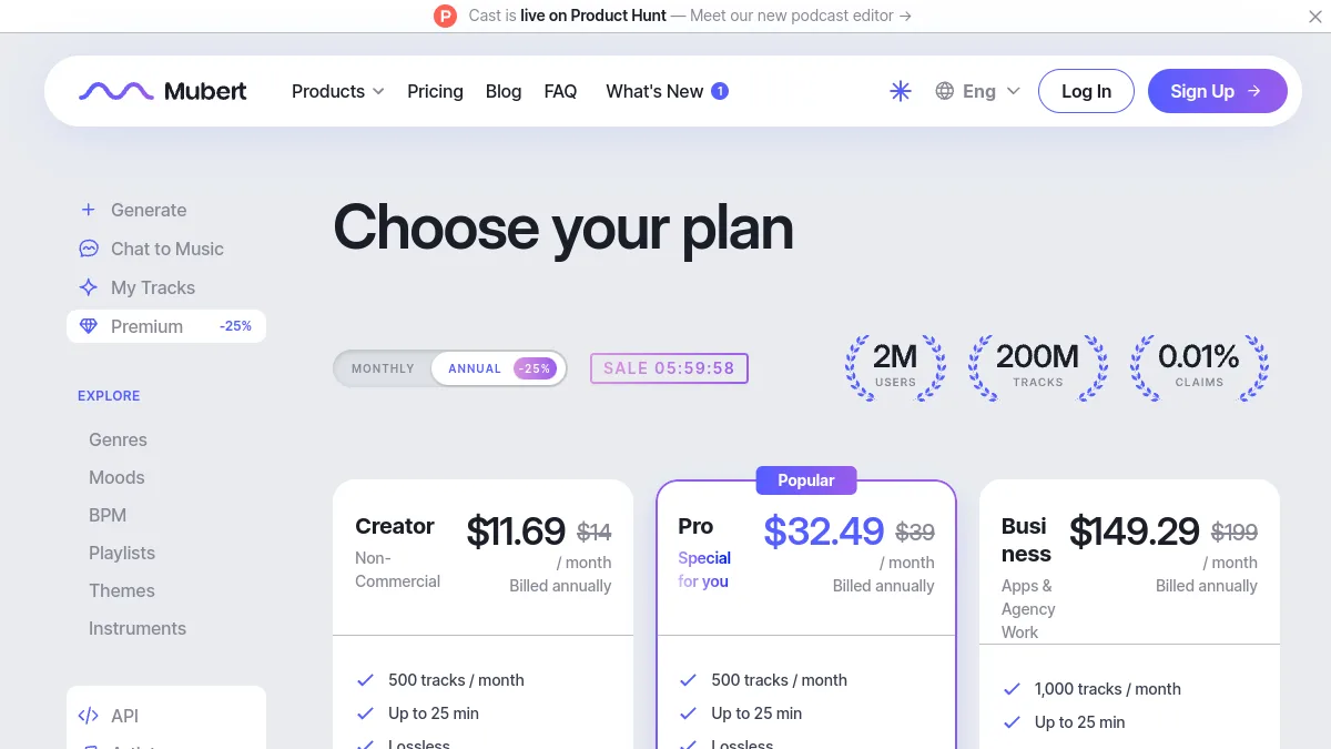 Page des offres Mubert Render avec les plans Creator, Pro et Business