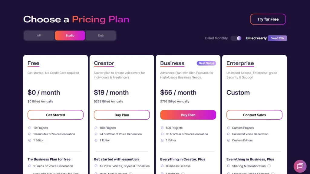 Studio maps by Murf AI : Free, Creator at 19 $ and Business at 66 $ Annual per month