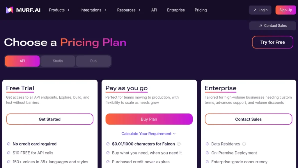 Page tarifs de Murf AI avec l'essai gratuit