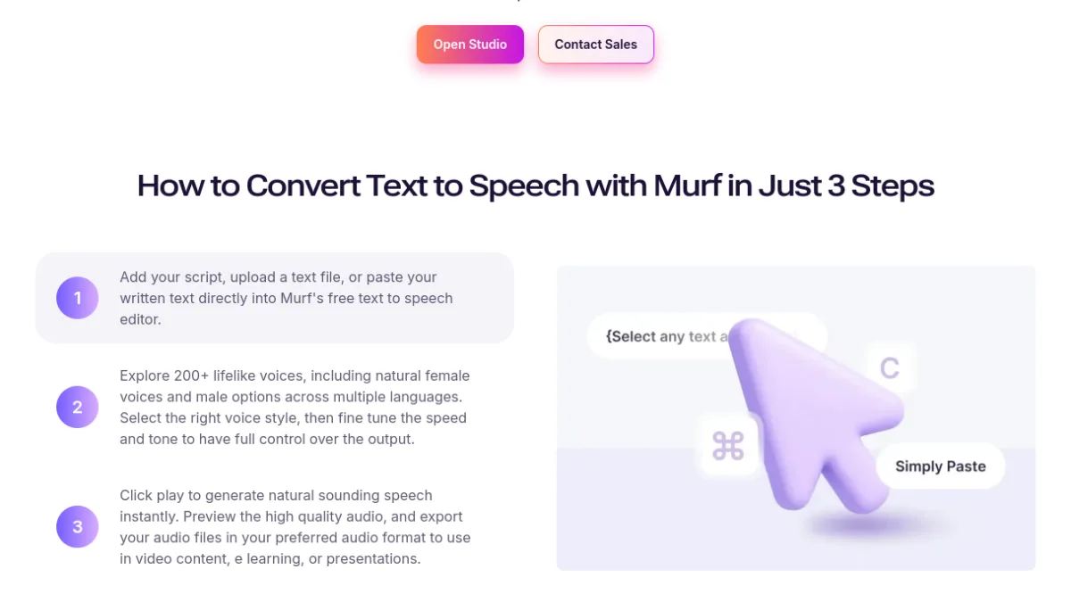Page Murf AI detailing the creation of a voiceover in three stages