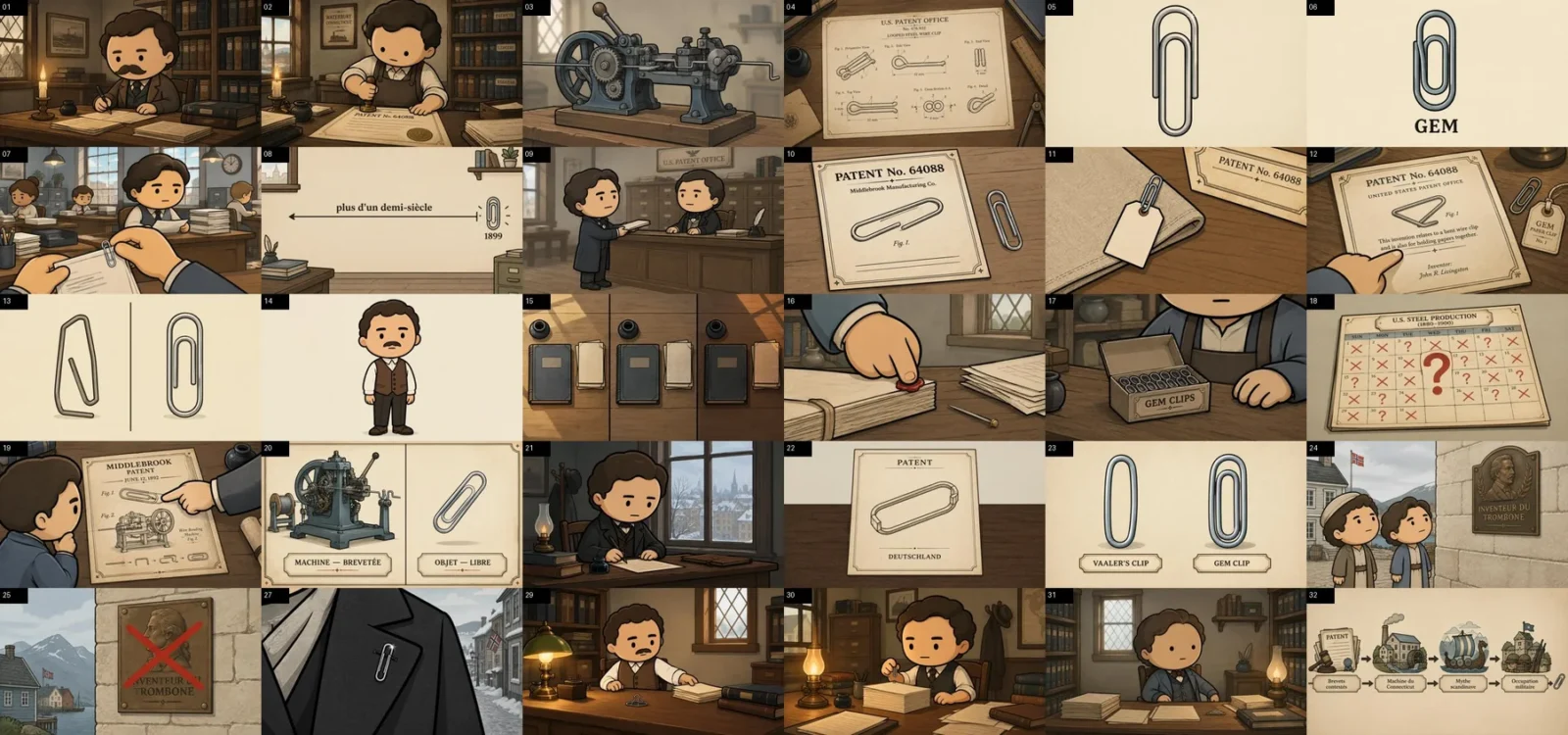 Plank of 30 images of scenes generated by NimbleVid in the Historical Cartoon style for a video about the trombone history