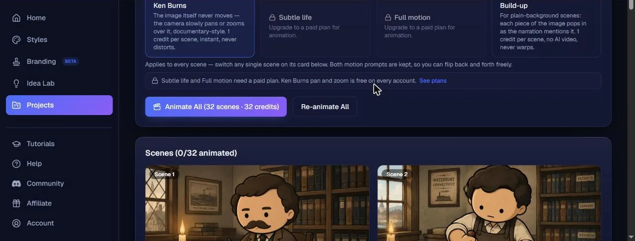 NimbleVid Animation tab with Ken Burns and Build-up available, Subtle life and Full motion reserved for paid formulas