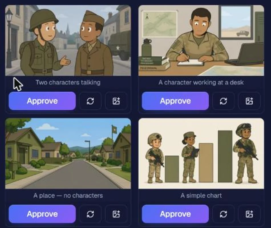 Four anchor images generated by NimbleVid after the cloning of a chain style YouTube military history in cartoon