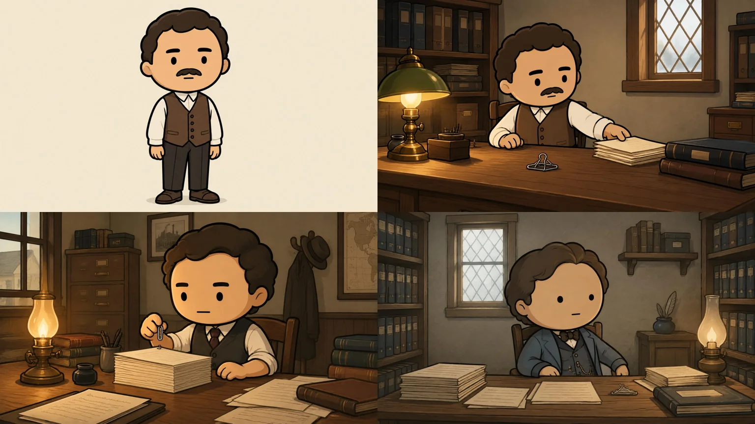 Reference of the Henri character generated by NimbleVid and three scenes of the video, including one where he loses his mustache