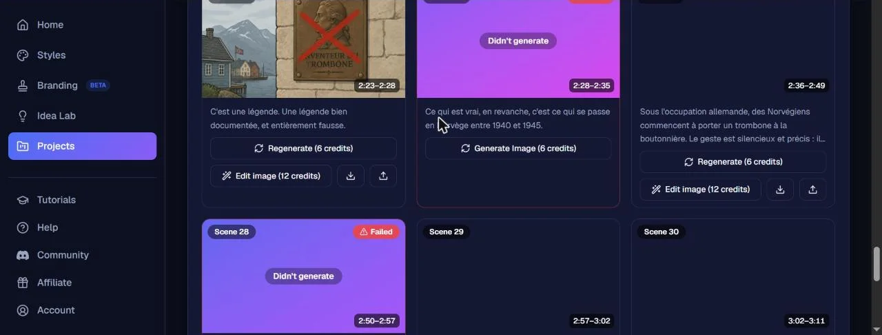 Scene marked Failed and Didn't generate in NimbleVid with the button to restart the image