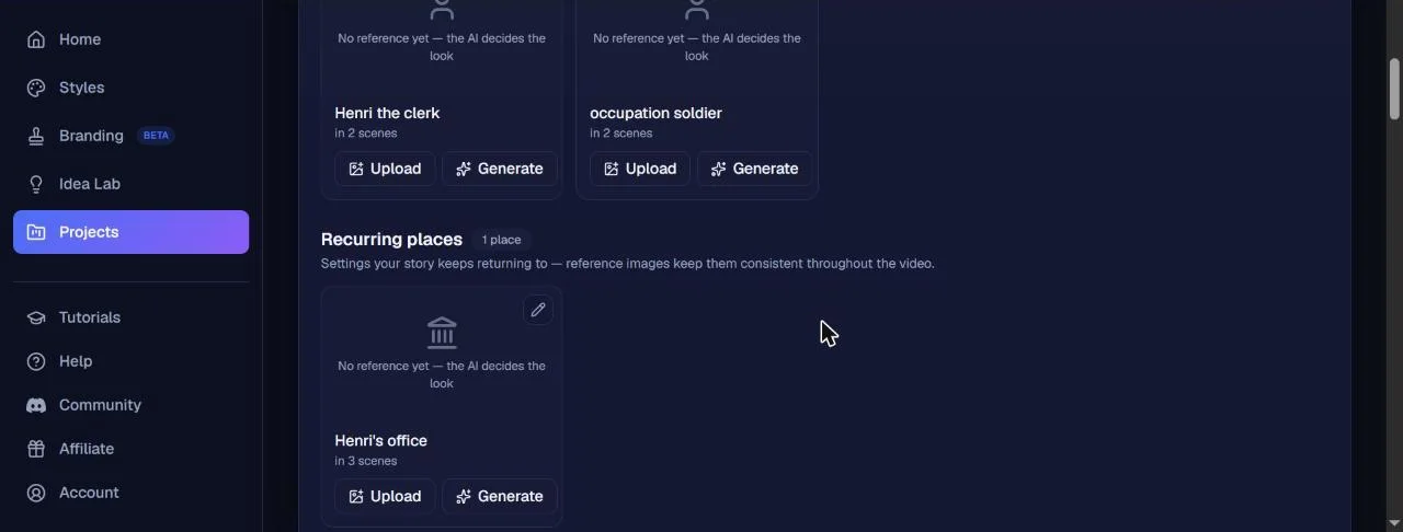 Recurring characters and locations detected automatically by NimbleVid in the script