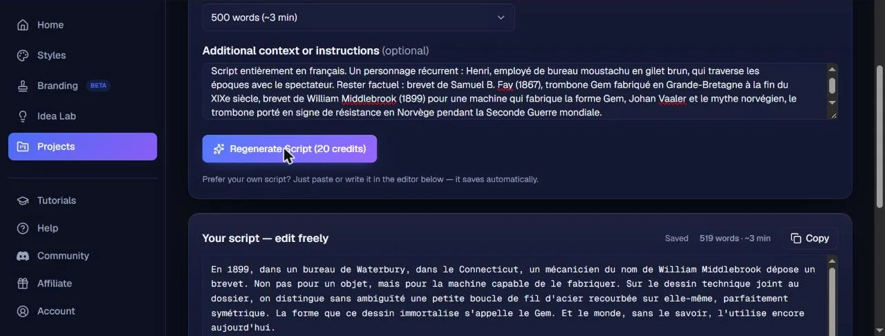 Script 519 words generated in French by NimbleVid with Documentary Narrator style