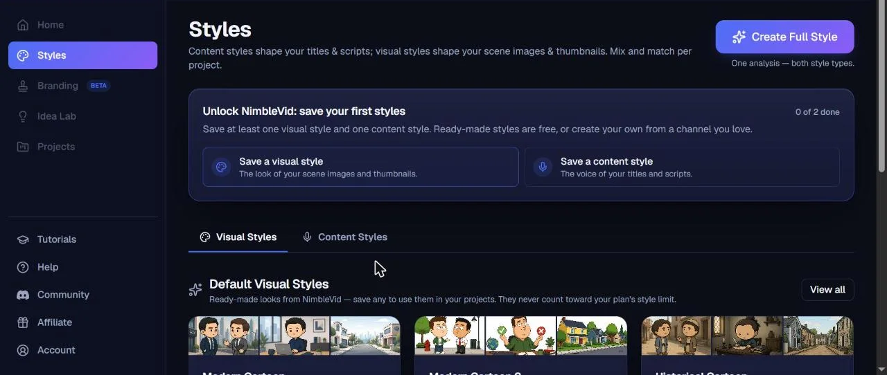 NimbleVid Styles page with ready-to-use visual styles and Create Full Style button