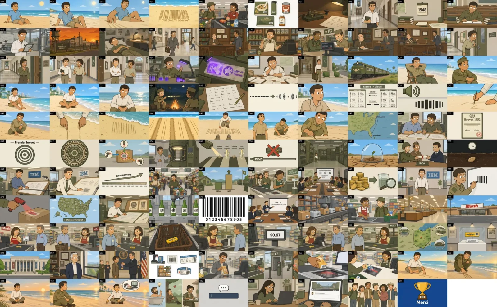 Board of 109 scenes generated by NimbleVid for a 9-minute video on the invention of barcode