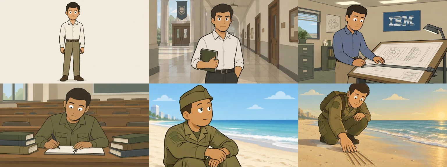 Reference of the character Norman Woodland in NimbleVid and five scenes where he sometimes wears a shirt, sometimes a military mesh