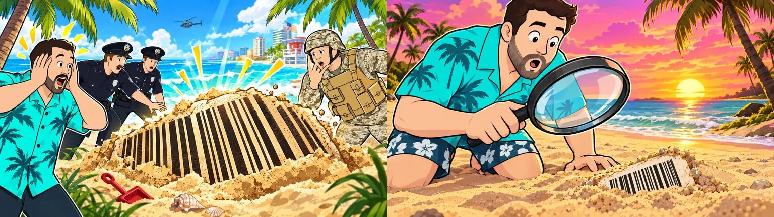 Two miniatures generated by NimbleVid in the style of a cloned chain, without text, with a man on a beach and a barcode in the sand