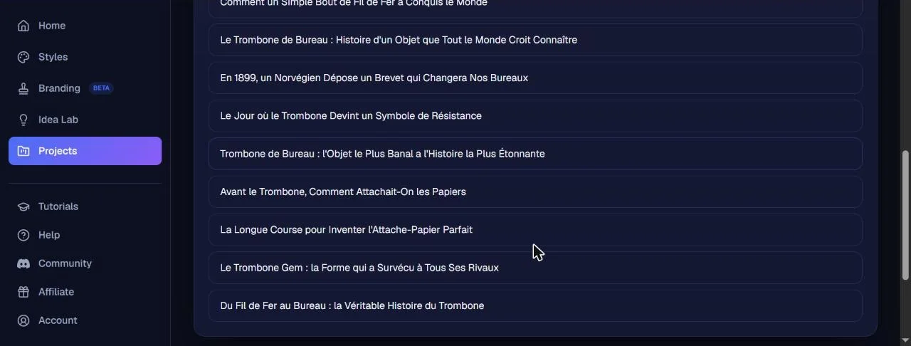 Ten video titles YouTube generated in French by NimbleVid on the history of the desktop trombone