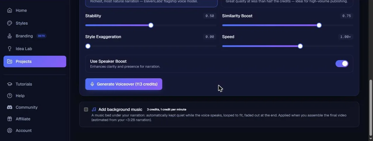 Settings of the voiceover ElevenLabs in NimbleVid with the cost of 113 credits and the background music option