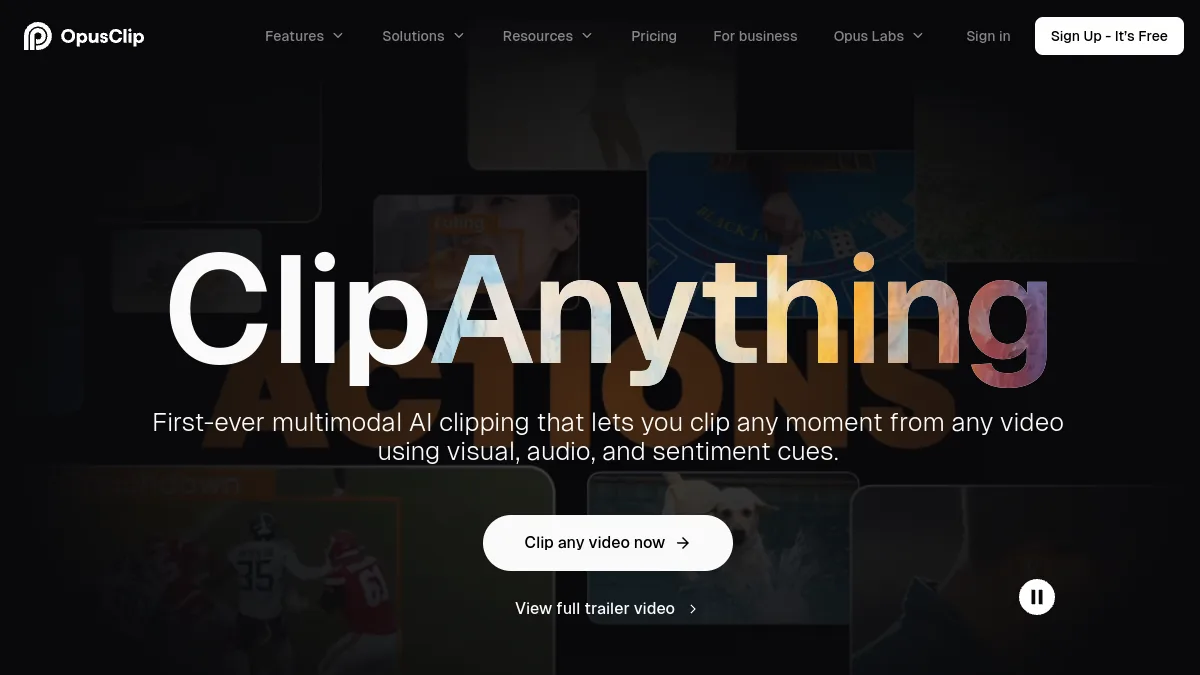 Page ClipAnything d'Opus Clip, son outil de découpage automatique de vidéos par IA
