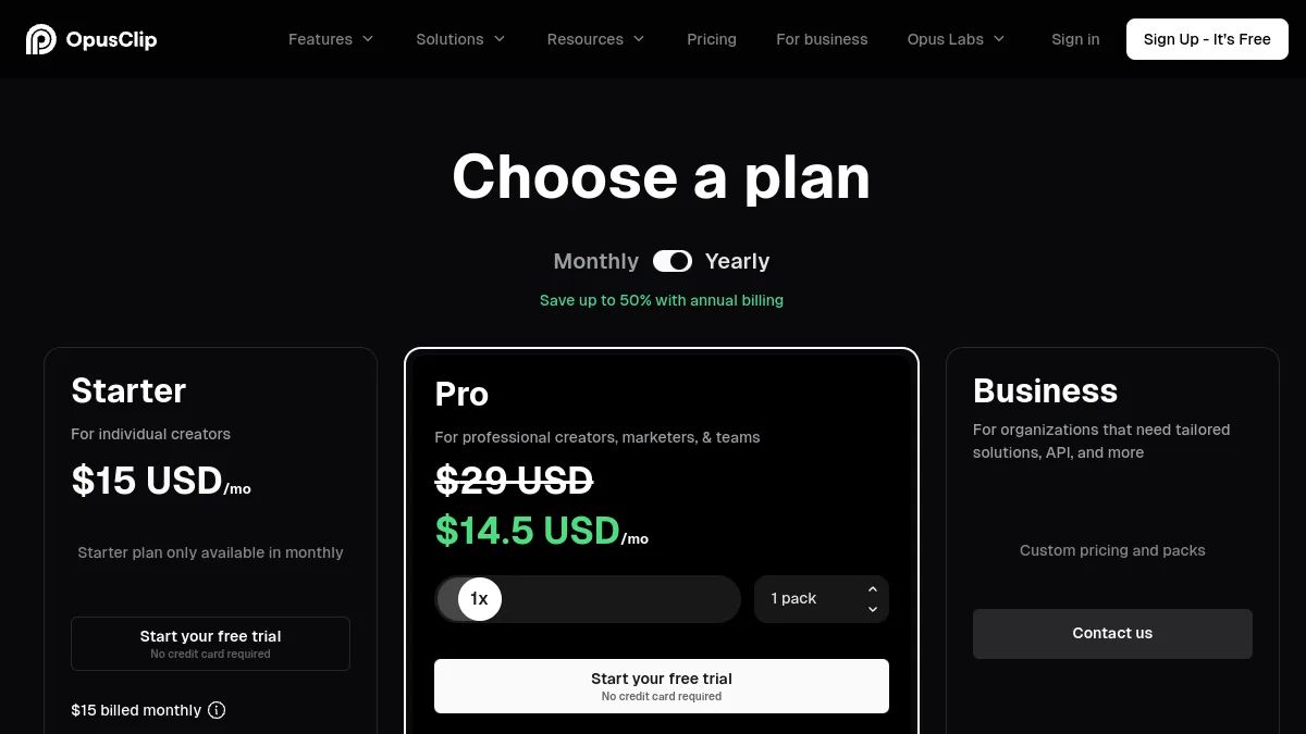 Page tarifs d'Opus Clip avec les plans Starter, Pro et Business