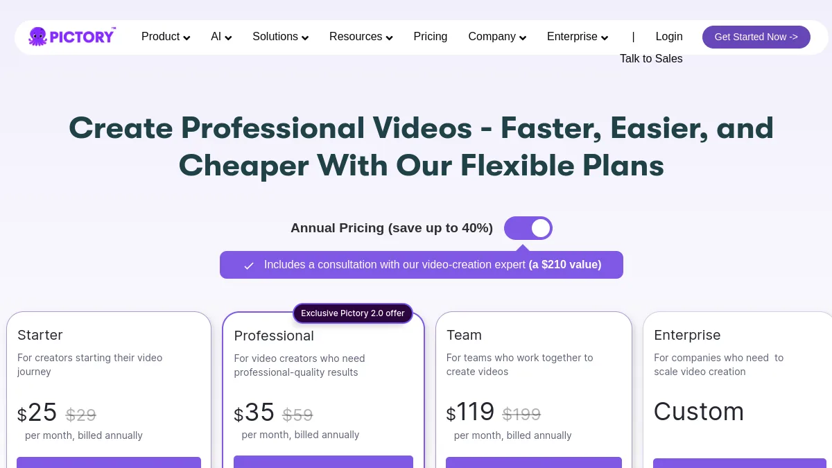 Page tarifs de Pictory avec les plans Starter, Professional et Team