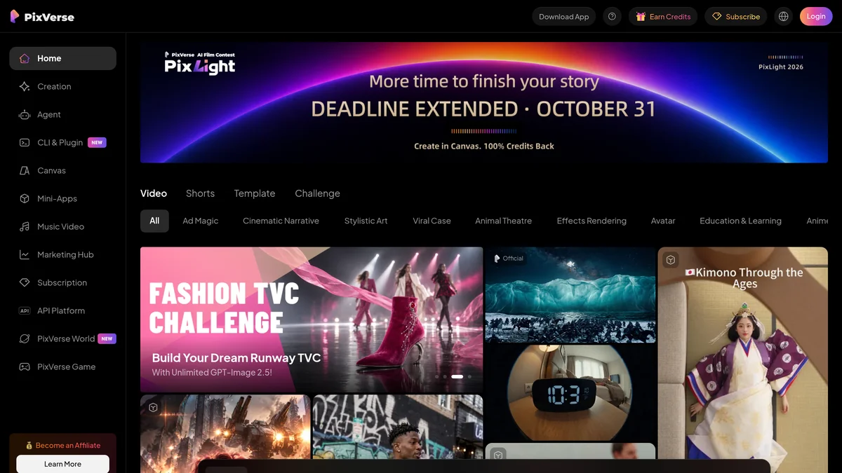 PixVerse connected space with Subscribe and Earn Credits access