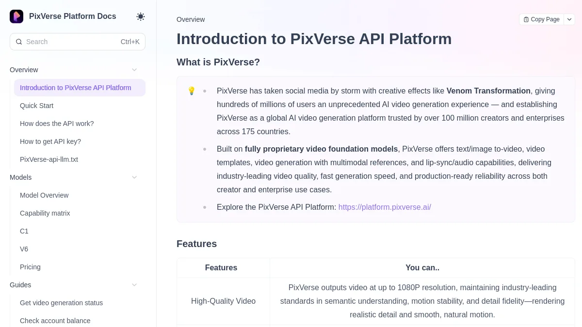 PixVerse API platform documentation mentioning its sync and audio capabilities