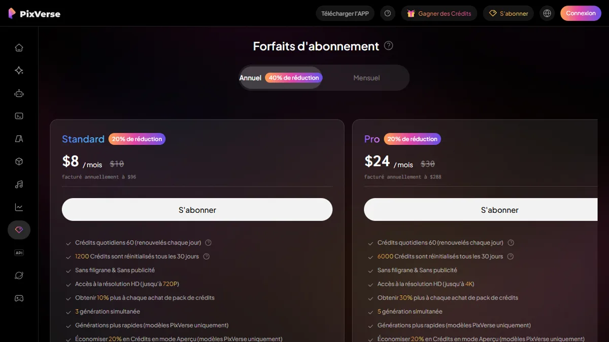 Page des tarifs de PixVerse avec les plans payants