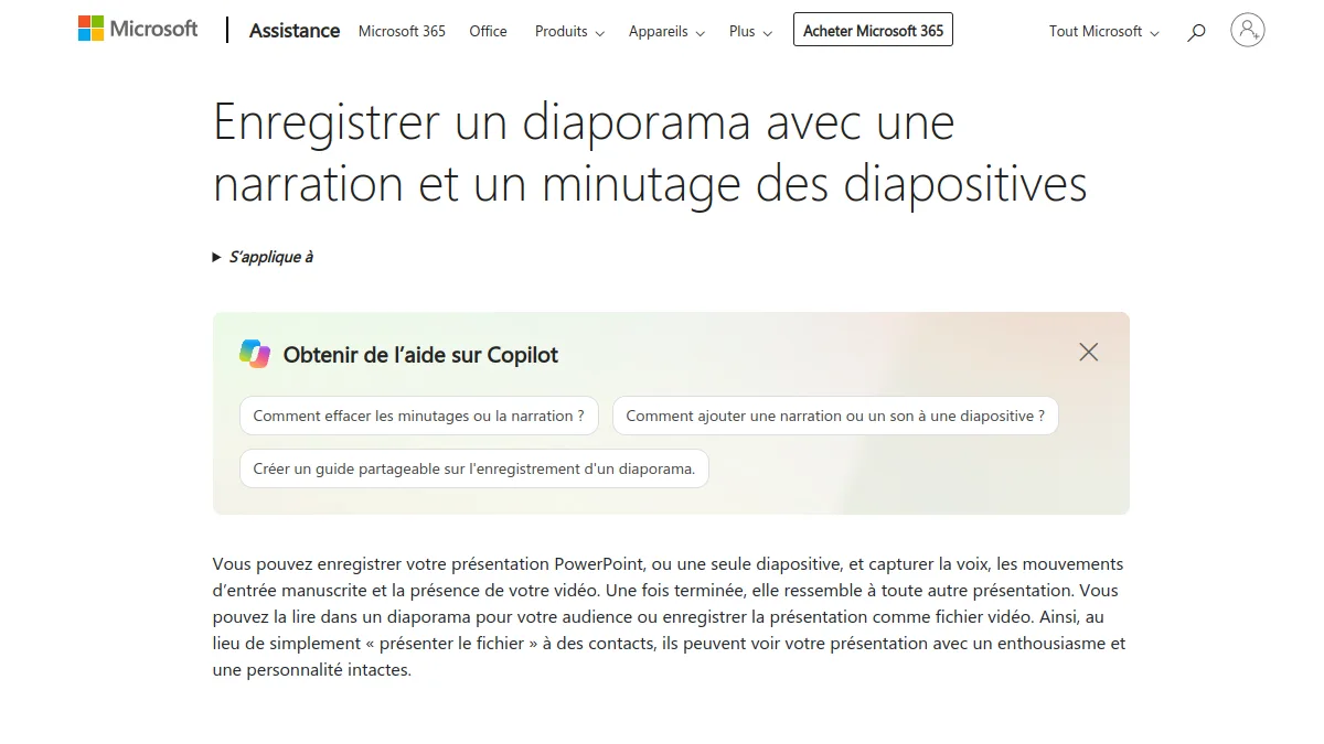 Microsoft Help page to save PowerPoint slideshow with narration and timing