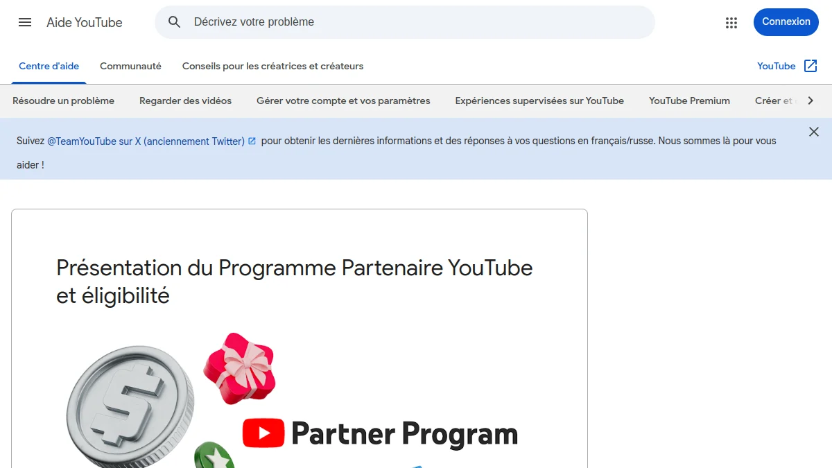 Help page YouTube presenting the Partner Programme YouTube and eligibility conditions