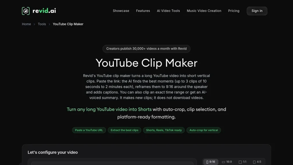 Outil YouTube Clip Maker de Revid AI