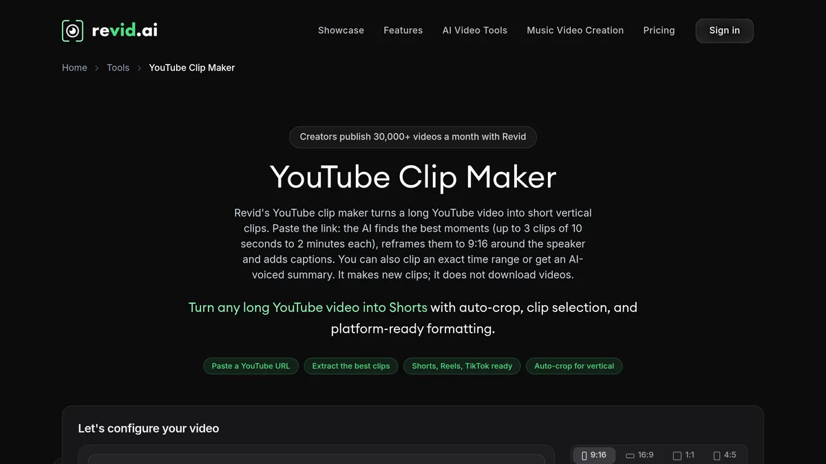 Page YouTube Clip Maker de Revid AI pour transformer une vidéo YouTube en Shorts