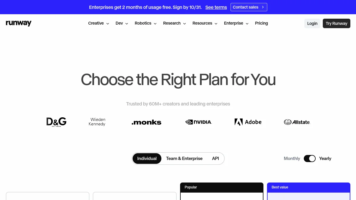 Page tarifs de Runway avec le choix entre offres individuelles, équipes et API