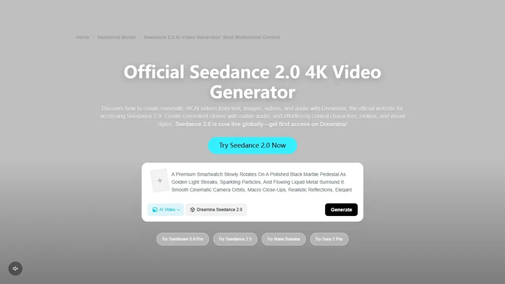 Page Seedance 2.0 on Dreamina presented as video generator 4K