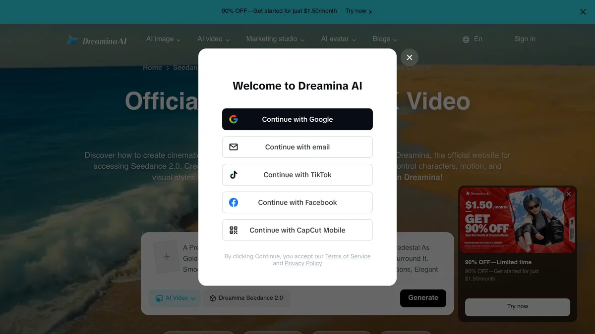Page Seedance 2.0 on Dreamina with connection window Google, e-mail, TikTok or CapCut