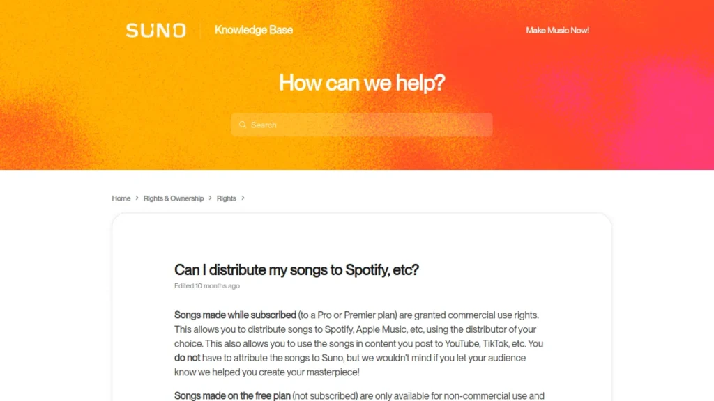 Suno Help article on distribution to Spotify